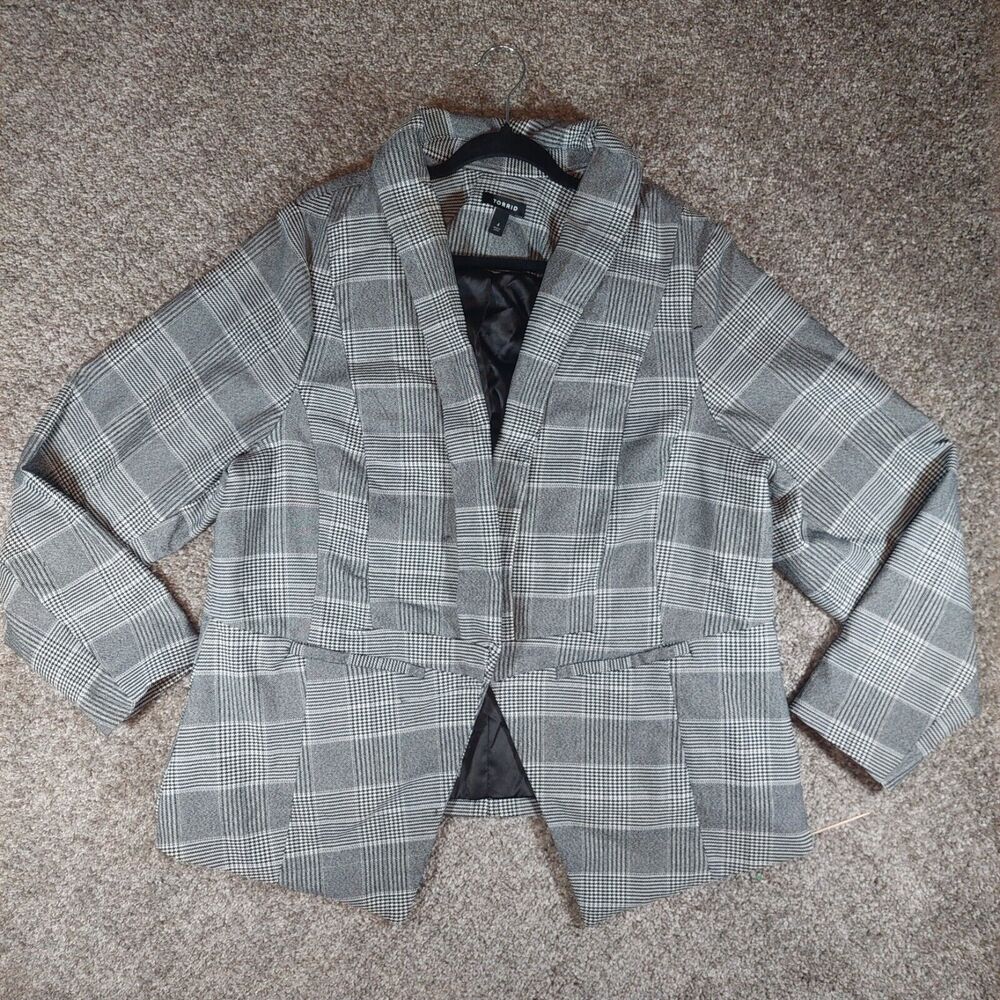 Torrid Black Gray Plaid Houndstooth Blazer Open Cutaway Stretch Jacket Sz 4 4X